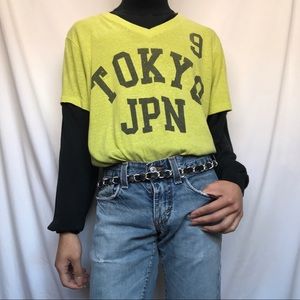 Aeropostale TOKYO JPN Neon Yellow Graphic V-neck
